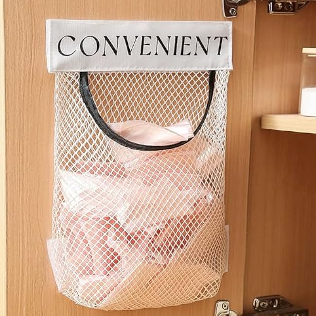 2 Pack Trash Bag Holder Dispenser Sticky Wall Mount Mesh Convenient Storage Organizer for Home Kitchen Grocery Plastic Shopping Garbage Bags Reusable Produce Tote Bag