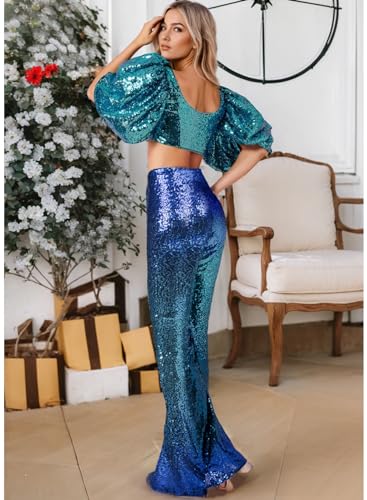 EVALESS Women Sequin Pants Sparkly Glitter High Waisted Wide Leg Flare Trousers Bell Bottom Night Out Clubwear4