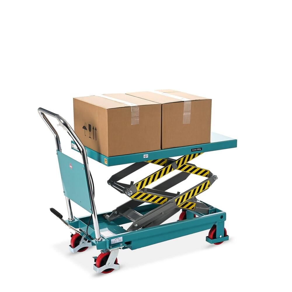 Ameise Scheren-Hubtischwagen LTT | 450-1.500 mm Hubbereich | 700 kg Tragkraft | 1.220x610 mm Plattform | Fahrbarer Hubtisch mit festem Bügel | Fußbetriebene Hydraulikpumpe | Stahl | Türkisblau