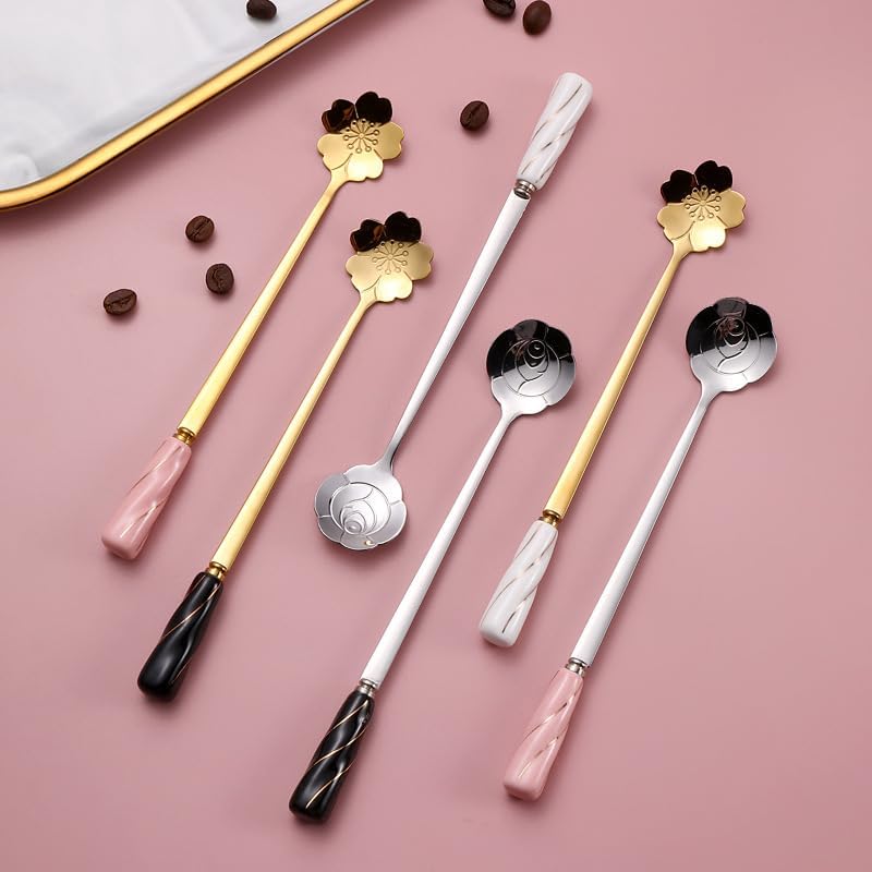 Silverware Flatware Set, 1/4/6/8/10pcs Creative Ceramic Handle Coffee Spoon 304 Stainless Steel Rose Spoon Long Handle Ice Spoon Cake Dessert Spoon(Black Gold,10Pcs)