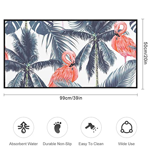 Summer Pink Flamingos Kitchen Rugs Tropical Palm Leaves Bath Mat Non Skid Washable Standing Floor Mat Runner Carpet For Bathroom Home Office Farmhouse Hallway Sink Stove Laundry 39*20 Inch #TOP3