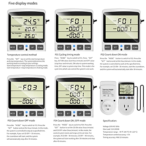 KEBIDU Digital Temperature Controller Reptile Thermostat Controlled Cooling Heating Pet Mat Pad Outlet Plug Timer for Reptiles Aquarium Homebrew Greenhouse Fermentation ℉/℃ 15A 1800W - Thumbnail 5
