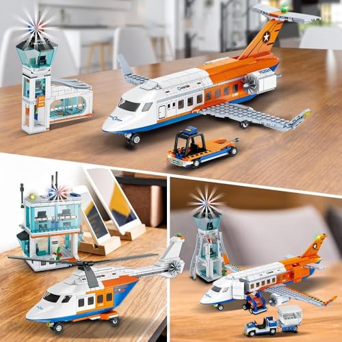 Image of SKY LINE OCEAN City Airport Airplane Building Set - 715 PCS 3-in-1 Passenger Plane Toy with Radar Tower, Baggage Truck & Shuttle Bus - STEM Educational Building Blocks for Kids Boys Girls Ages 6+