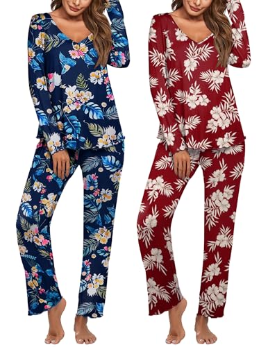 Image of Ekouaer Womens 2 Pack Pajama Set Long Sleeve Pajamas Top and Pants V Neck Pjs Set Soft Sleepwear Loungewear