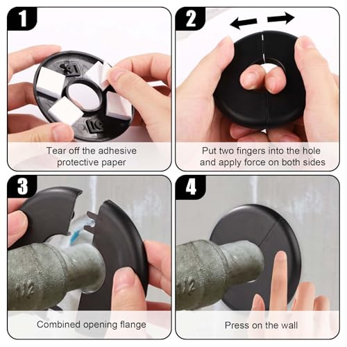 2 Stück Geteilter Wandflansch, 29mm Schnallen-Design Rohrflansch Selbstklebend Runde Sanitär-Abdeckplatten ABS Wasserhahn-Rosette für Toilette Küche (Schwarz)