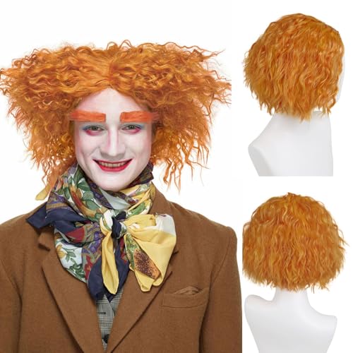 GNIMEGIL Short Mad Hatter Shaggy Costume Men Curly Orange Wigs Unisex Synthetic Hair Clown Wig for Cosplay Costume Halloween Party 12 inch