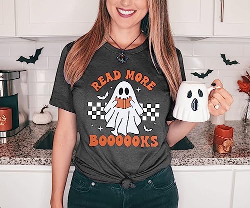 Halloween Teacher Shirts for Women Groovy Read More Books Ghost T-Shirt Short Sleeve Halloween Party Tee Tops2