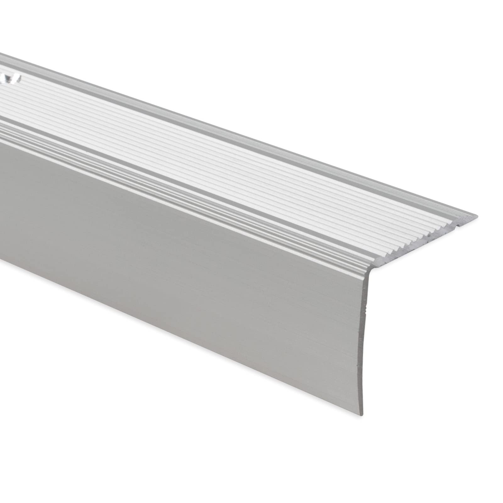 Floordirekt Perfil de borde de escalera en forma de L de aluminio, 1 unidad. 134 x 3 x 2 cm – Preperforado – Plata – para parqué y laminado – Incluye material de montaje – Perfil de borde de escalón