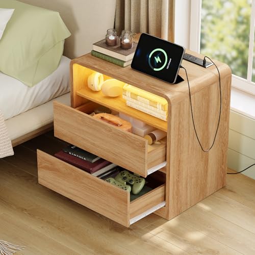 Image of TEENFON Nightstands Set of 2 with Charging Station & LED Lights, Curved Corner Bedside Table 21.7 inch W, 2 Drawers & Open Shelf, USB-C & USB Ports, Natural, Storage End Table for Bedroom /Living Room