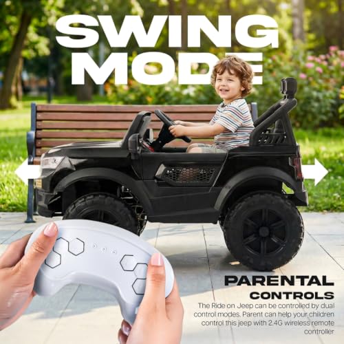 Image of Baybee RogueX Battery Operated Jeep for Kids with Parental Control | Baby Ride On Electric Car with RGB Lights, Music & Swing Mode | Rechargeable Battery Car for Kids 2 to 6 Years (Metallic Black)