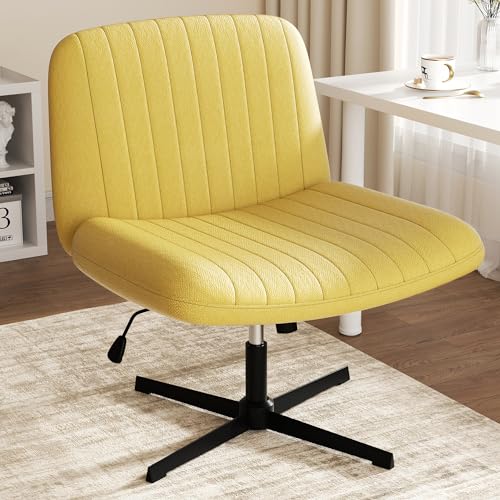 Image of Criss Cross Chair, Armless Cross Legged Office Chair No Wheels, Fabric Padded Office Chairs Height Adjustable Swivel Wide Seat Vanity Chairs for Home Office Bedroom (Yellow)