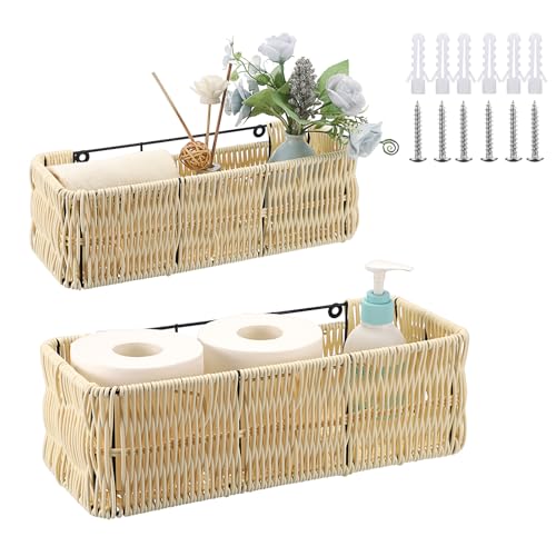 Sumnacon Set of 2 Hanging Baskets for Bathroom, Wall Mounted Baskets for Organizing, Sturdy Plastic Woven Storage Bins, Farmhouse Rattan Wall Basket for Toilet Tank, Shelf, Cabinet, Kitchen Counter by Sumnacon - Used condition - US$11.21