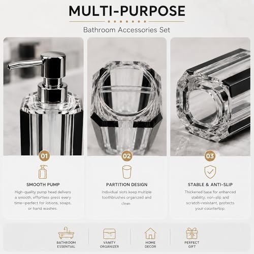 LGURT 4-Piece Black Bathroom Accessories Set — Soap Dispenser, Soap Dish, Mouthwash Cup & Toothbrush Holder, Glossy Acrylic with Brushed Finish Plastic, Modern Bathroom Decor by LGURT - Image 5