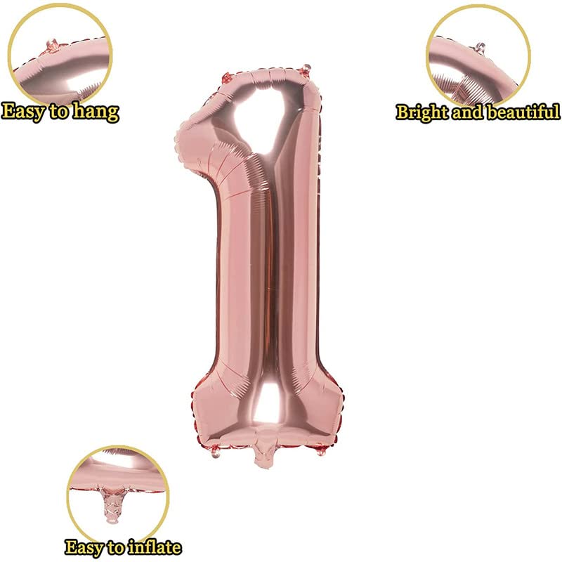 Image of Bubblebells Rose Gold 32 Inches 1 Numbers Shape Large Big Foil Helium Balloons for Party Decorations in Happy Birthday Anniversary Office Items Materials Set Pack