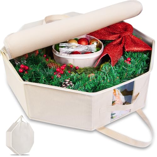 BrilliantJo Wreath Storage Christmas Garlands Bag with Interior Pockets Large Xmas Container Box for holiday Decorations Case with Zipper Handles Window Labeling Card Slot 24" Houndstooth