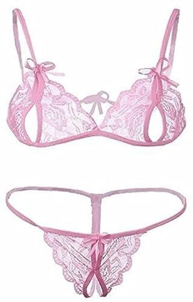 Women's Sheer Floral Lace Lingerie Set, Soft Unlined Bra with Open Cup Design and Matching Thong Panties Baby Pink-picture-50