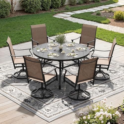Image of Soohow Outdoor Dining Set for 6, 7-Piece Round Table Patio Dining Set, 6 x Swivel Patio Chairs and 1 x 47 Round Outdoor Dining Table, for Poolside, Backyard and Proch