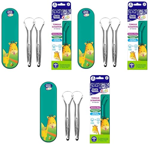 Image of GuruNanda Kids Tongue Scraper (6-Pack) with Travel Case, Stainless Steel, Aids in Fresh Breath - Travel-Friendly Tongue Cleaner (Green /Pink /Orange)