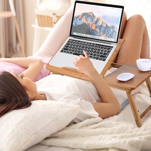Image of Wooden Laptop Table Standard Adjustable Study Table with Laptop, Portable Lap Desk, Multifunctional Bed Table with Drawer and Folding Legs (Walnut L)