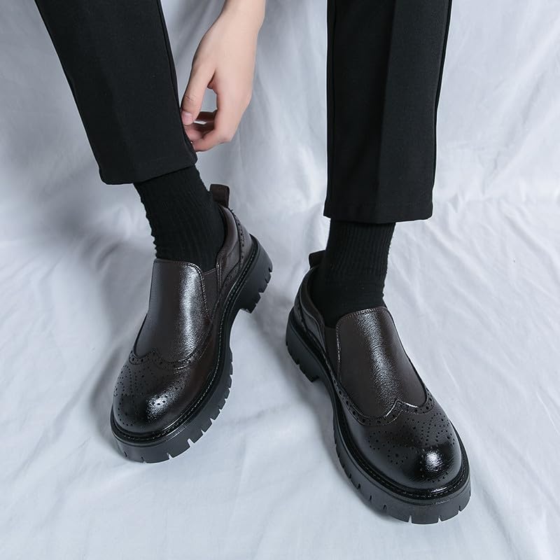 Santimon Men's Leather Wingtip Loafer Shoes Chunky Heel Platform Vintage Round Toe Brogue Shoes4