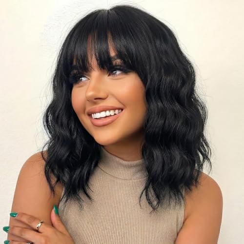 Image of Nnzes Black Wavy Wigs with Bangs Women's Short Black Bob Wig Synthetic Natural Looking Heat Resistant Fiber Hair