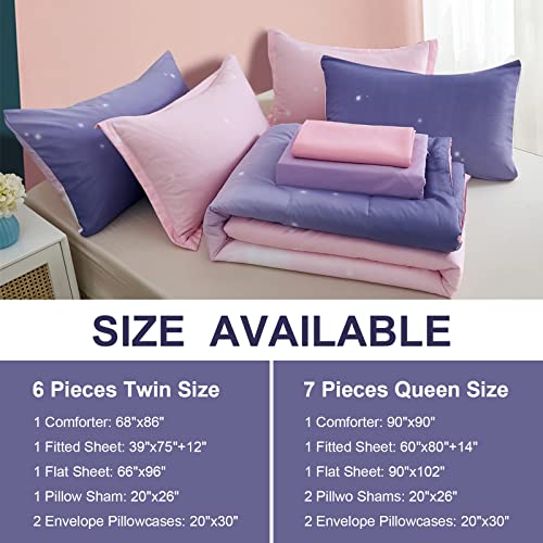 Image of Dinjoy Girls Comforter Set Twin Size 6 Pieces Bed in A Bag Colorful Ombre Pink Purple Rainbow Bedding Set for Kids Teen (1 Comforter, 1 Flat Sheet, 1 Fitted Sheet, 1 Pillow sham, 2 Pillowcases)