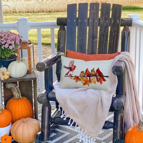 Image of Fall Pillow Covers 12x20 Inch Cardinal Birds Maple Leaves Decorative Autumn Thanksgiving Harvest Lumbar Cushion Case Decor for Home Sofa Couch (Red, 12 inchX20 inch)