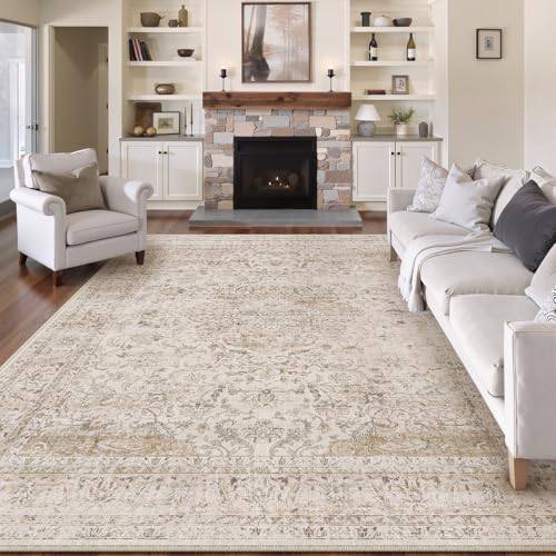 9x12 Beige Vintage Area Rug for Living Room Bedroom Large Traditional Low Pile Soft Carpet Non-Slip Thin Retro Distressed Accent Washable Throw Rug for Dining Room Office Kitchen Indoor