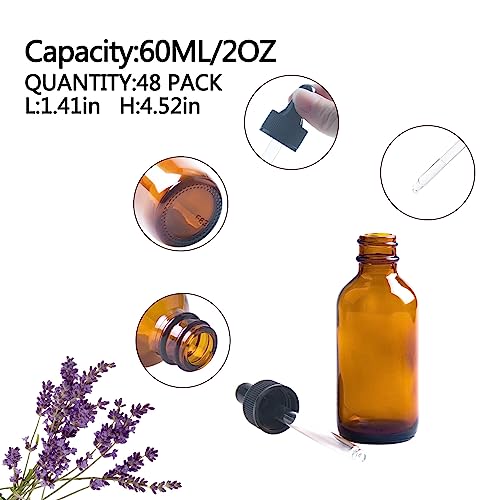 Easeen 48 Pack 2Oz Amber Glass Dropper Bottles, Eye Dropper Bottles With Glass Droppers For Essential Oils, Perfumes #TOP3