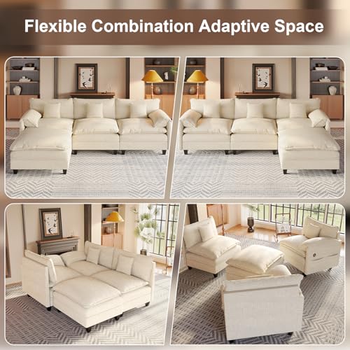 Modular Sectional Sofa, 108” Comfy Cloud Couch with Movable Ottoman | Charging Station | Side Pocket | Throw Pillow, Modern L-Shaped Couches for Living Room, Chenille, Beige - Image 6