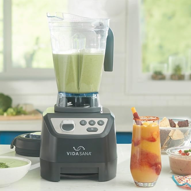 FJH Marketplace Princess House Vida Sana High-Power Blender, 1500-Watt Motor, 68 oz BPA-Free Jar, Smoothie Soup Dips Functions, Includes Tamper, Includes one colorful happy face sponge