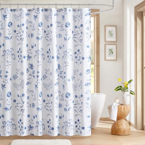 Martha Stewart Martha's Garden Shower Curtain Botanical Floral Print Cotton Shower Curtain for Bathroom, Spa Quality Modern Shower Curtains Standard Size, 72x72 Blue
