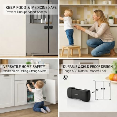 Image of Child Safety Fridge Lock - No Drill Adhesive Lock for French Door & Side-by-Side Refrigerators, Baby Proof EN71-3 Safety Certified, Fits Up to 58mm Gap (Black, 1 Count)