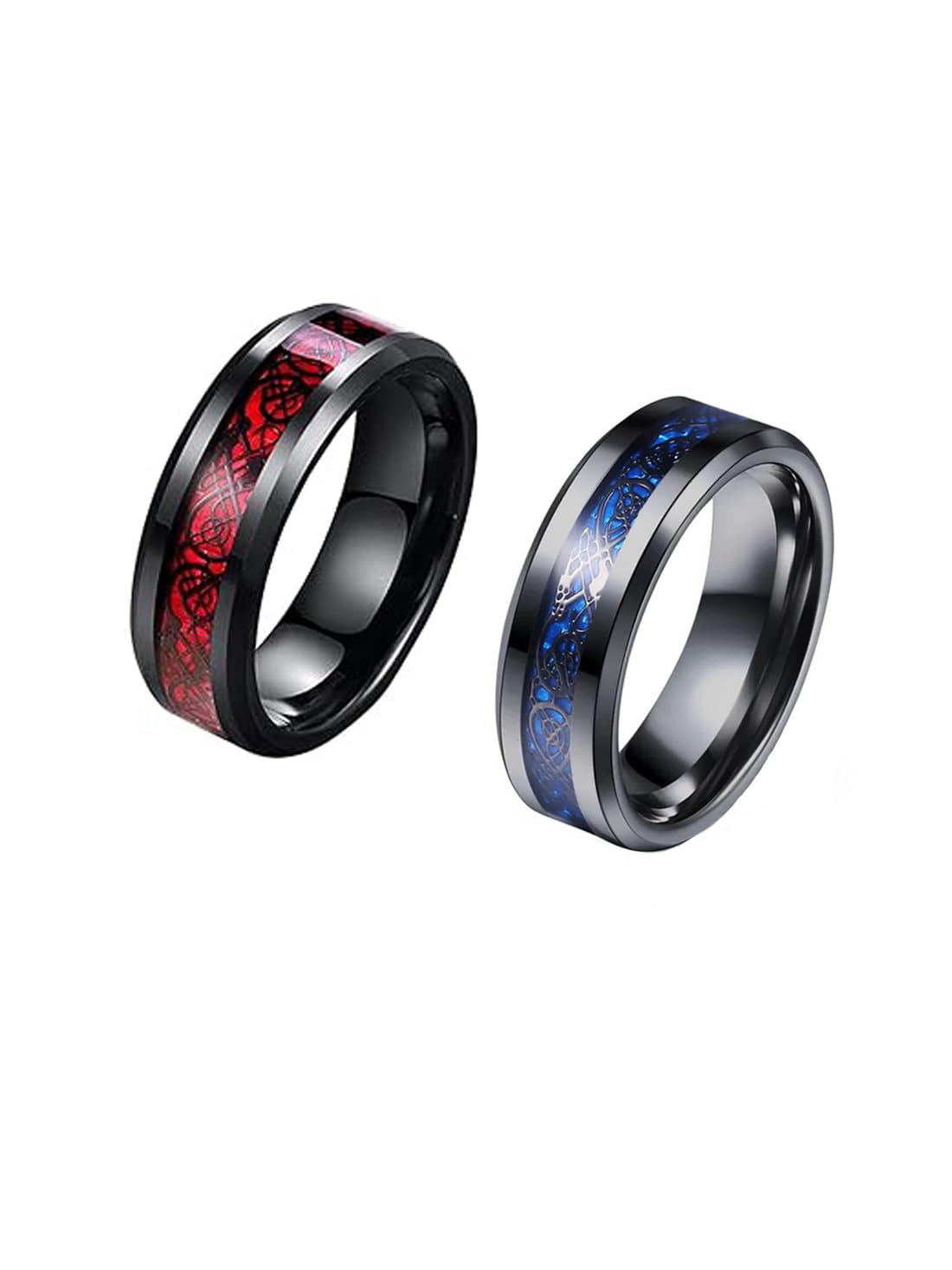 Mens US9 Red & Blue Dragon Pattern Stainless Steel Carbon 8mm Never Fade Rings: Pack of 2 (SR/JEWNF-25A)-image-42