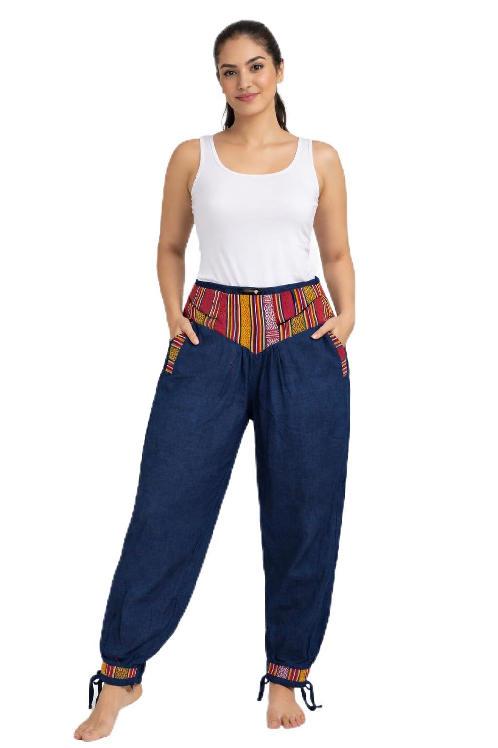 Nepali Harem Pants with Ethnic Trim, Blue, Unisex Loose Fit Trousers with Ankle Ties-picture-14