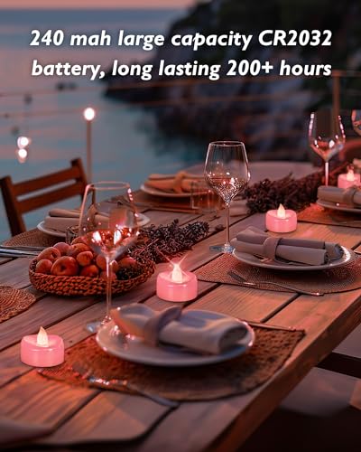 Image of merrynights LED Candles, 24 Pack Tea Lights Candle Battery Operated, Flameless Tealight Votives, Realistic Tea Lights for Wedding Home Party Decor -D 1.5 inch x H 1.25 inch -Pink Light
