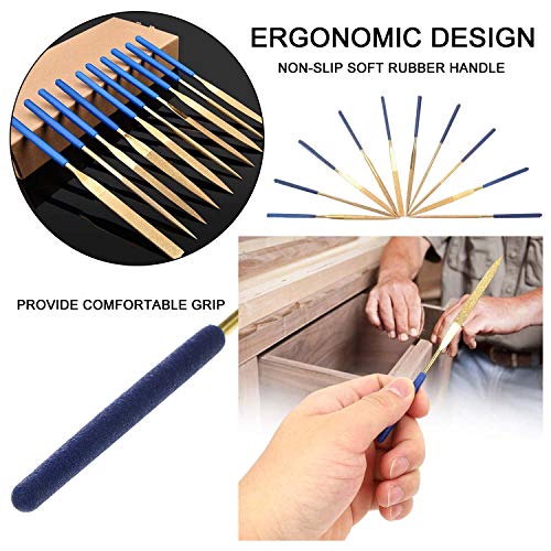 Jonmon Diamond Needle File Set - 10Pcs Mini Titanium Coated Files Kit, Jewelers Hand Files Tool For Filing Wood Ceramic Glass Jewelry Diy Woodworking Rough Carving #TOP5