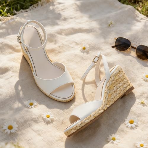 Image of Marc Ford Wedge Sandals For Women Raffia Espadrille Platform Wedges Summer Comfort Sandals Ankle Strap Stylish Open Toe Beach Vcation Raffia Wedges Heels 3 inch