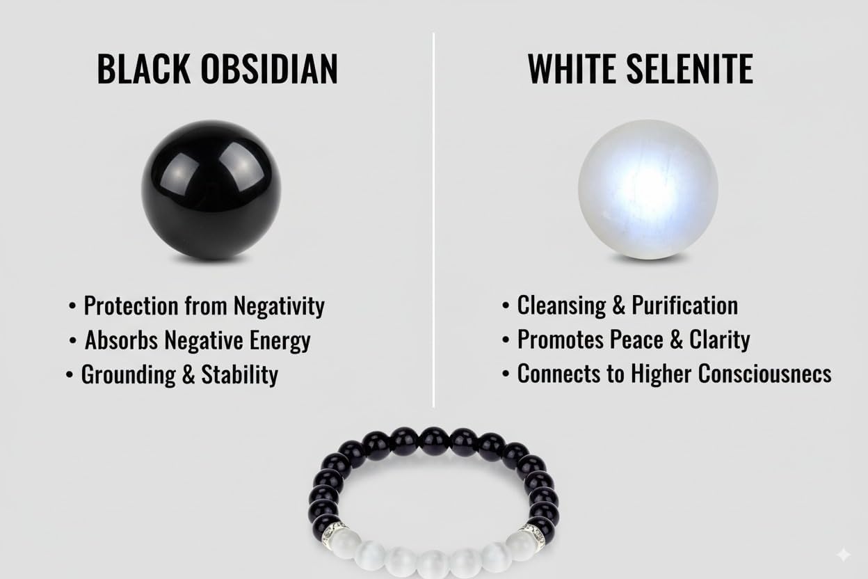 8mm Black Obsidian and Selenite Healing Crystal Bracelet for Women & Men – Natural Gemstone Bead Stretch Bracelet for Protection, Negative Energy Cleansing, Chakra Balancing Gift - Image 2