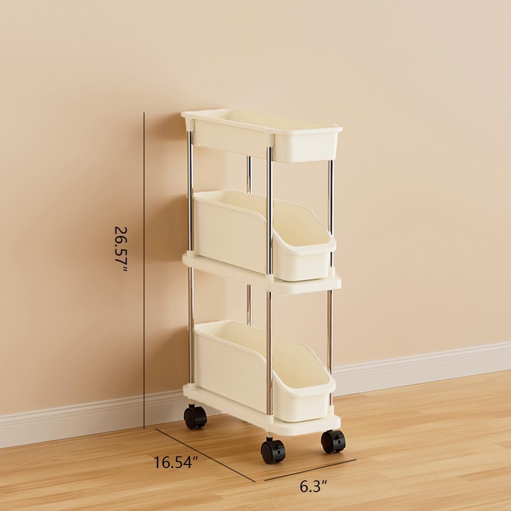 Slim Storage Cart 3 Tier Slim Rolling Utility Cart with Pull-Out Baskets & Wheels for Narrow Space in Kitchen Dining Room Bathroom Laundry Room Cream White (Width 6.3 Inches)