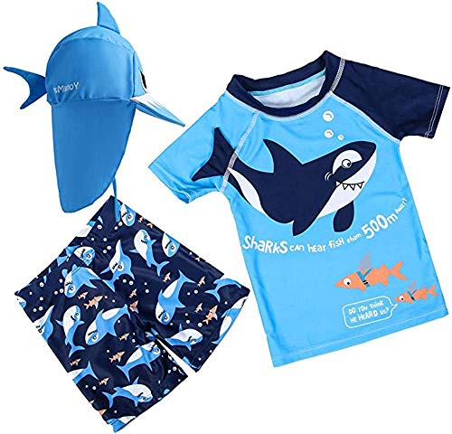 Image of SWMSTUPF Baby Boys Swimsuit Toddler Two Pieces Swimwear Set Dinosaur Bathing Suit Rash Guards with Hat UPF 50+（Shark,3-6Months）