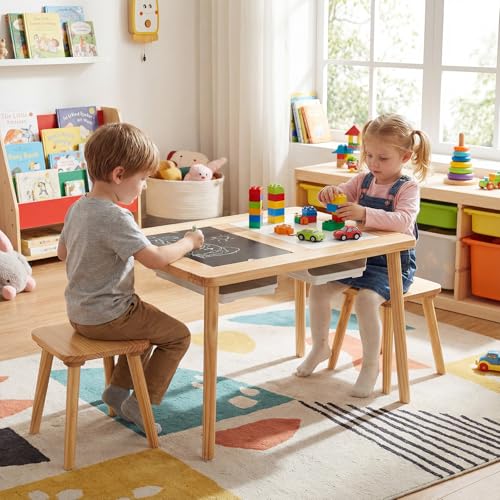 Image of Costzon Toddler Sensory Table and Chairs, Wooden Table and Chair Set w /Double-Sided Boards & 2 Foldable Storage Bins, All-in-One Kids Activity Table for Drawing, Sand and Water Play (3 PCS,Natural)