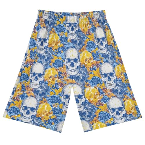ALAZA Sugar Skull Blue Rose Flower Pajama Shorts Elastic Waist Casual Sleep Shorts with Pockets Size 6-14