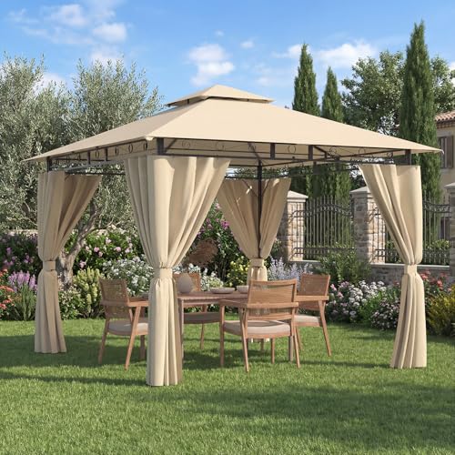 Devoko Garden Pavillon 3×3 Wasserdicht Stabil Winterfest Deluxe Gazebo, UV-Schutz 50+ Doppellagiges Grilpavillons mit seitenwänden für 4-8 Personen, Partyzelt für Freizeit, Partys, Beige