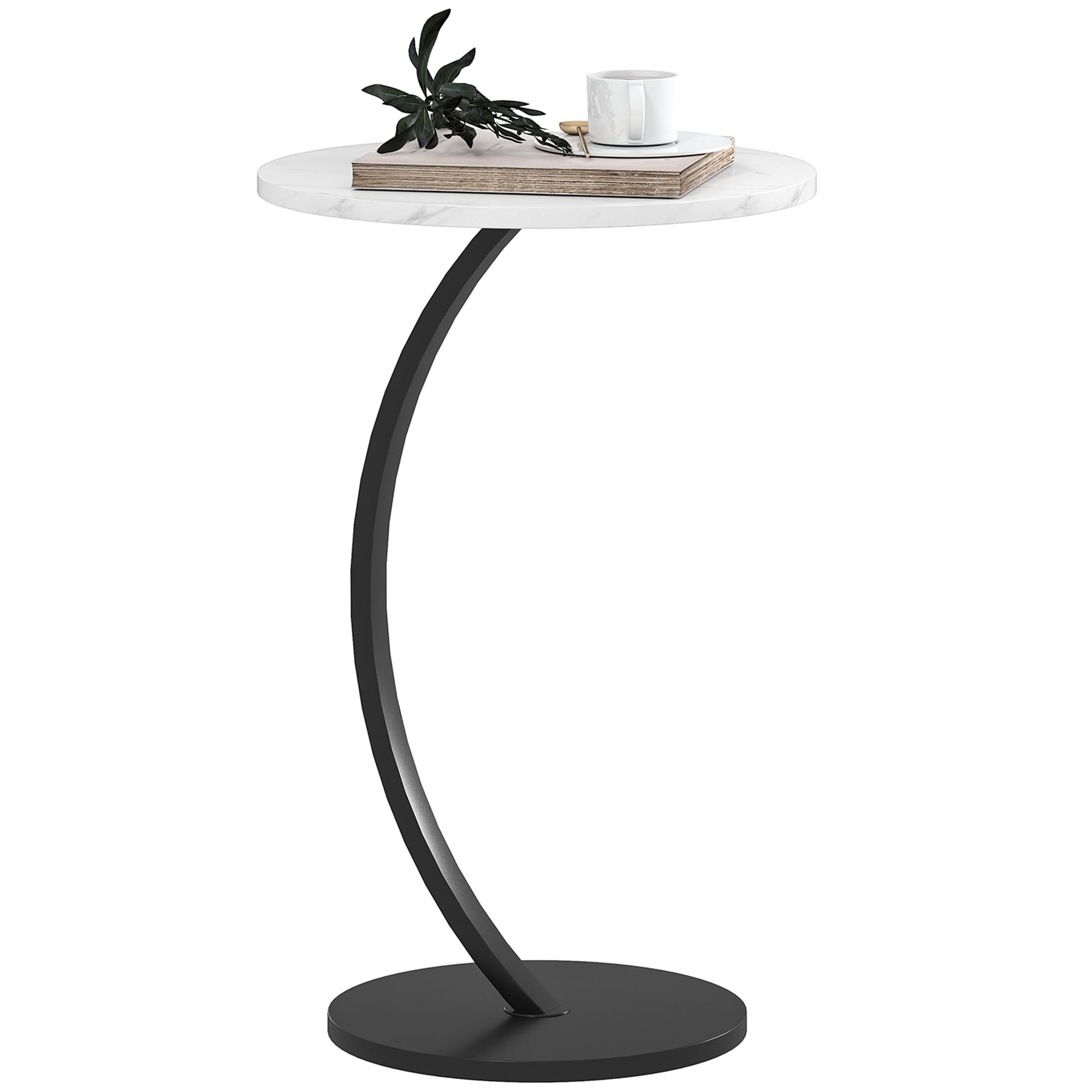 Homcom C Shaped Side Table, Round Bedside Table W/ Marble Effect Top, White