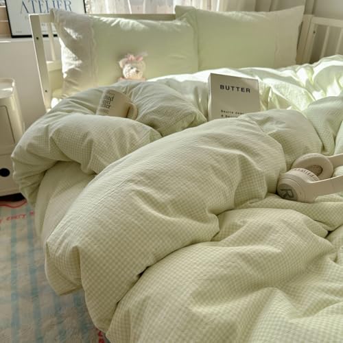 Image of MKXI Mint Green Gingham Duvet Cover Set King - 3-Piece Vintage Floral Bedding with White Lace Trim, Soft Washed Microfiber Princess Comforter Cover & Pillowcases for Girls, Sweet Cottagecore Style