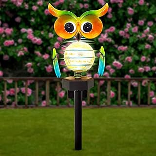 Solar Garden Lights Outdoor, Solar Powered Owl Stake Lights Waterproof Decor, Solar Powered Crackle Glass Globe Lights Outdoor Warm White Owl LED Lights for Yard Lawn Patio Pathway WalkwayBlue