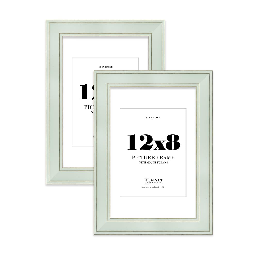 12x8" Sage Green Picture Frame with 8x6" Mount - Shabby Chic Photo Frame with Distressed Finish, Gold Trim, Wall Hooks and Kickstand, 37mm Edge - 2 Pack