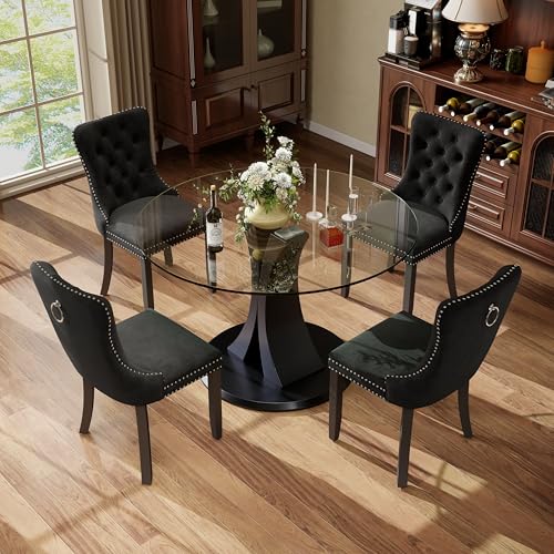 Image of 5-Piece Dining Table Set with 39In Tempered Glass Table and 4 Velvet Upholstered Chairs, Modern Scandinavian Furniture for Dining Room Kitchen(Black)