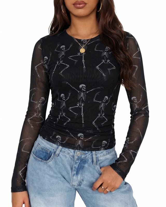 Image of Halloween Shirt Women Spooky Season See Through Mesh Long Sleeve Top